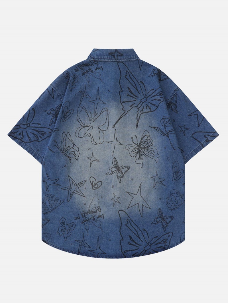 Chemise à Manches Courtes Aelfric Eden Butterfly Print Bleu | HYH-29452781